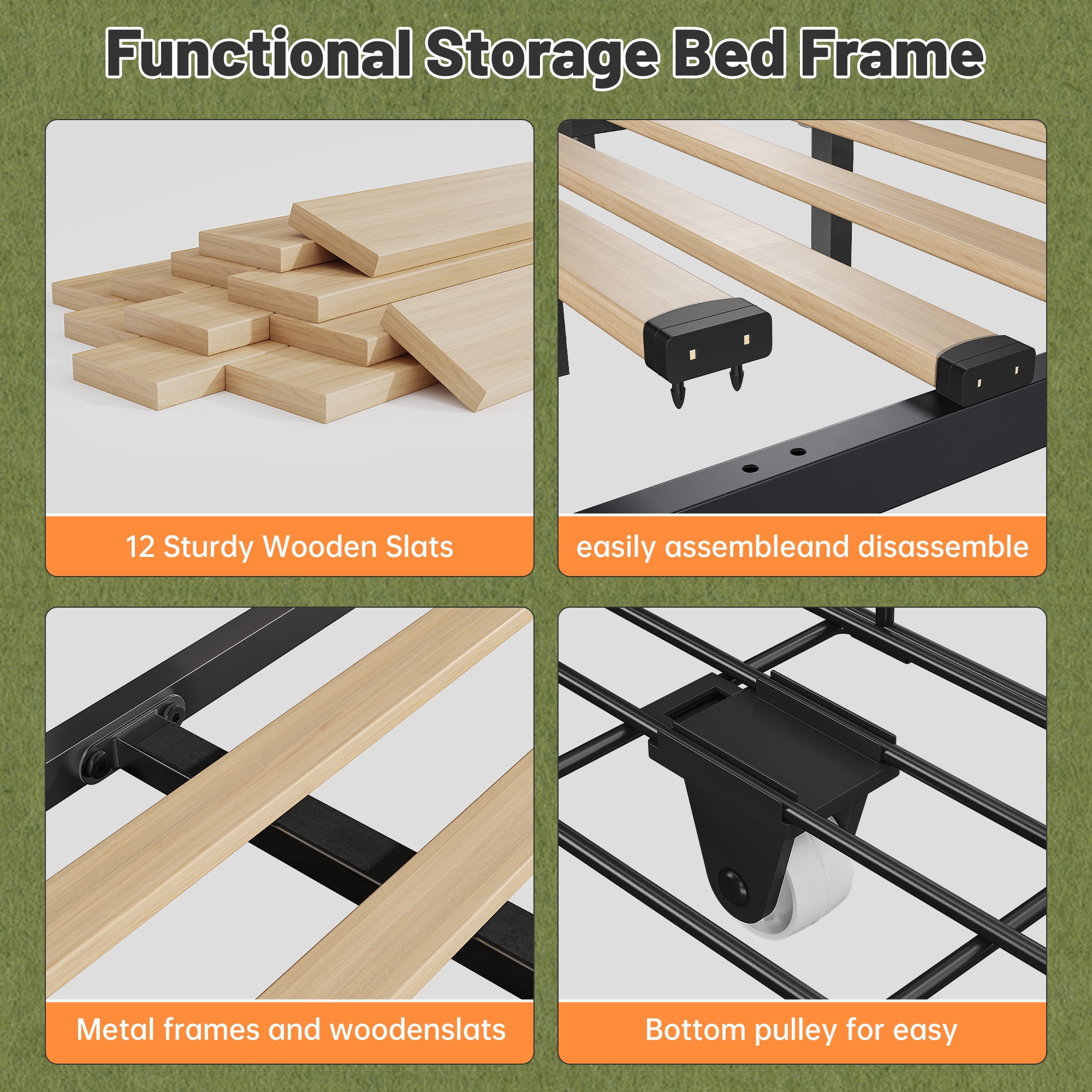 Queen Size Bed Frame with LED Light Upholstered Bed Frame with 3 Storage Drawers Bed Frame with Adjustable Headboard,Beige