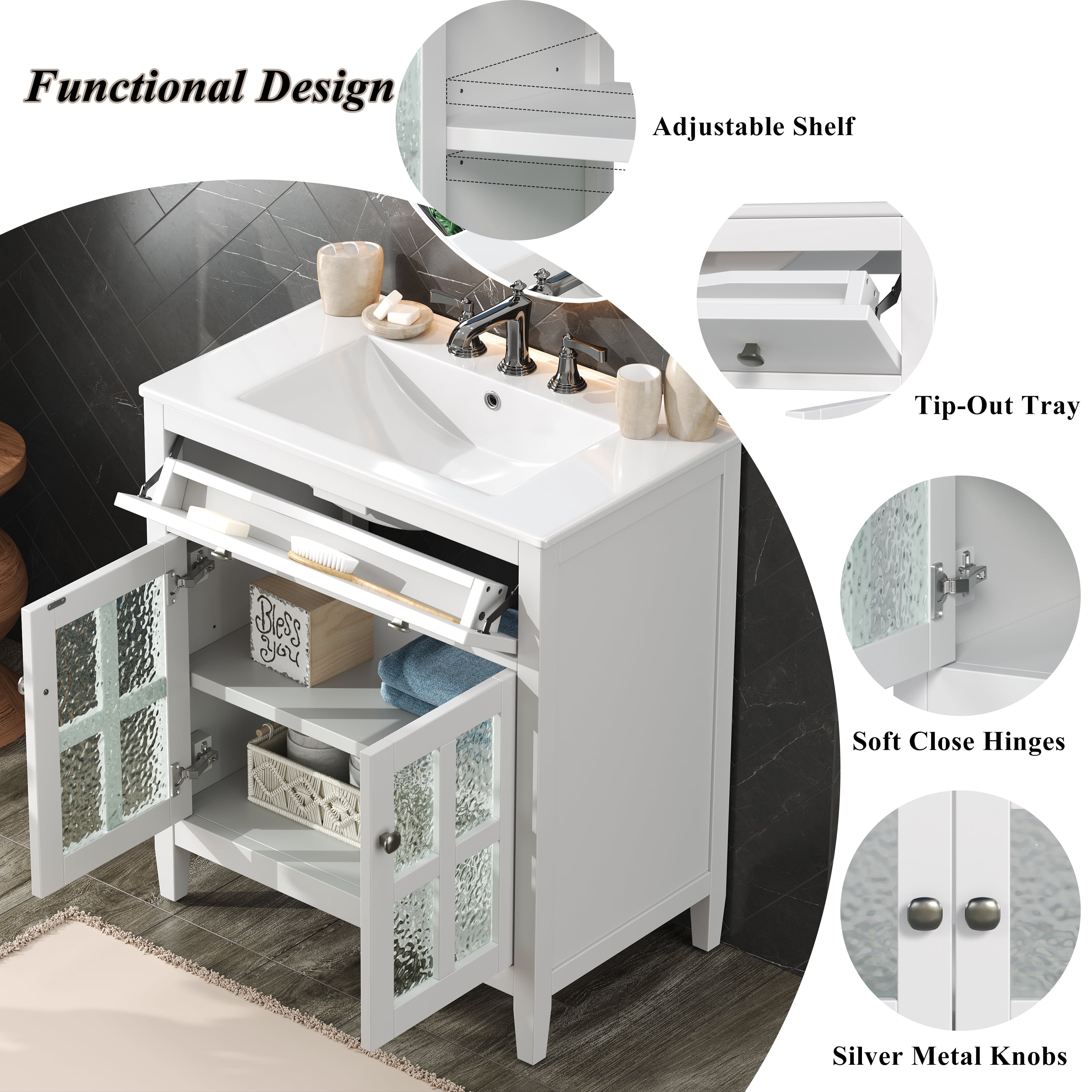 Euroco 30" Bathroom Vanity with Ceramic Sink, Equipped with Adjustable Shelf and Tip-Out Tray, Bathroom vanity with Solid Wood Legs, Silver Metal Knobs and Soft Close Hinges, White