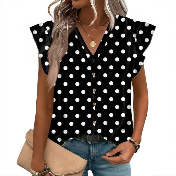 ASDFVBKG Ruffle Trim Tee Womens Sleeveless Soft V-Neck T Shirts Fashion Polka Dot Printed Relaxed Fit Loose Outfits Clothes Black L
