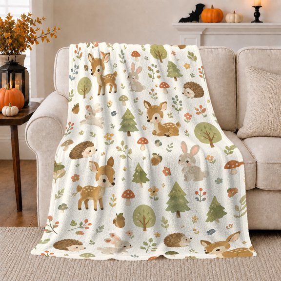 Woodland Deer Rabbits and Hedgehogs Among Trees, Soft Flannel Blanket with Soft Woodland Illustration Print, Housewarming Gift and Home Decor for Bedroom and Living Room