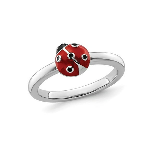 Gem & Harmony Sterling Silver Polished Red Enameled Ladybug Ring for Women