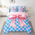thumbnail image 2 of Homewish Cartoon Princess Bowknot Twin Bedding Sets 7-Piece for Kids, Blue Pink Checkered Plaid Bedding Comforter Set, Kawaii Ribbon Reversible Sheet Sets, Super Cozy Room Decor, 2 of 7