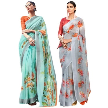 Pack of Two Saree for Women Printed Cotton Silk Indian Wedding Sari | Diwali Gift Ethnic Sarees Combo