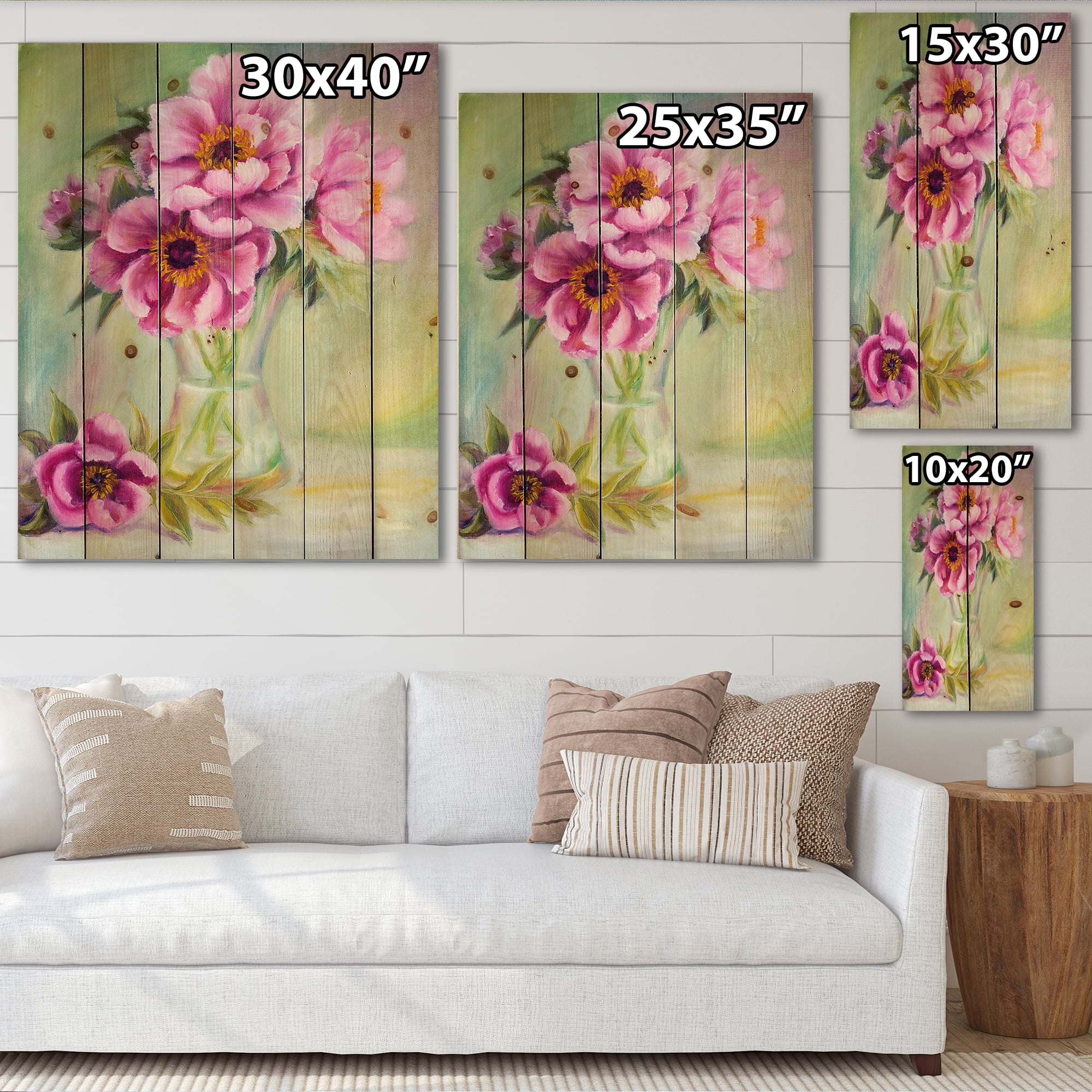 Designart 'Purple Peonies In Vase Still Life' Traditional Print on Natural Pine Wood