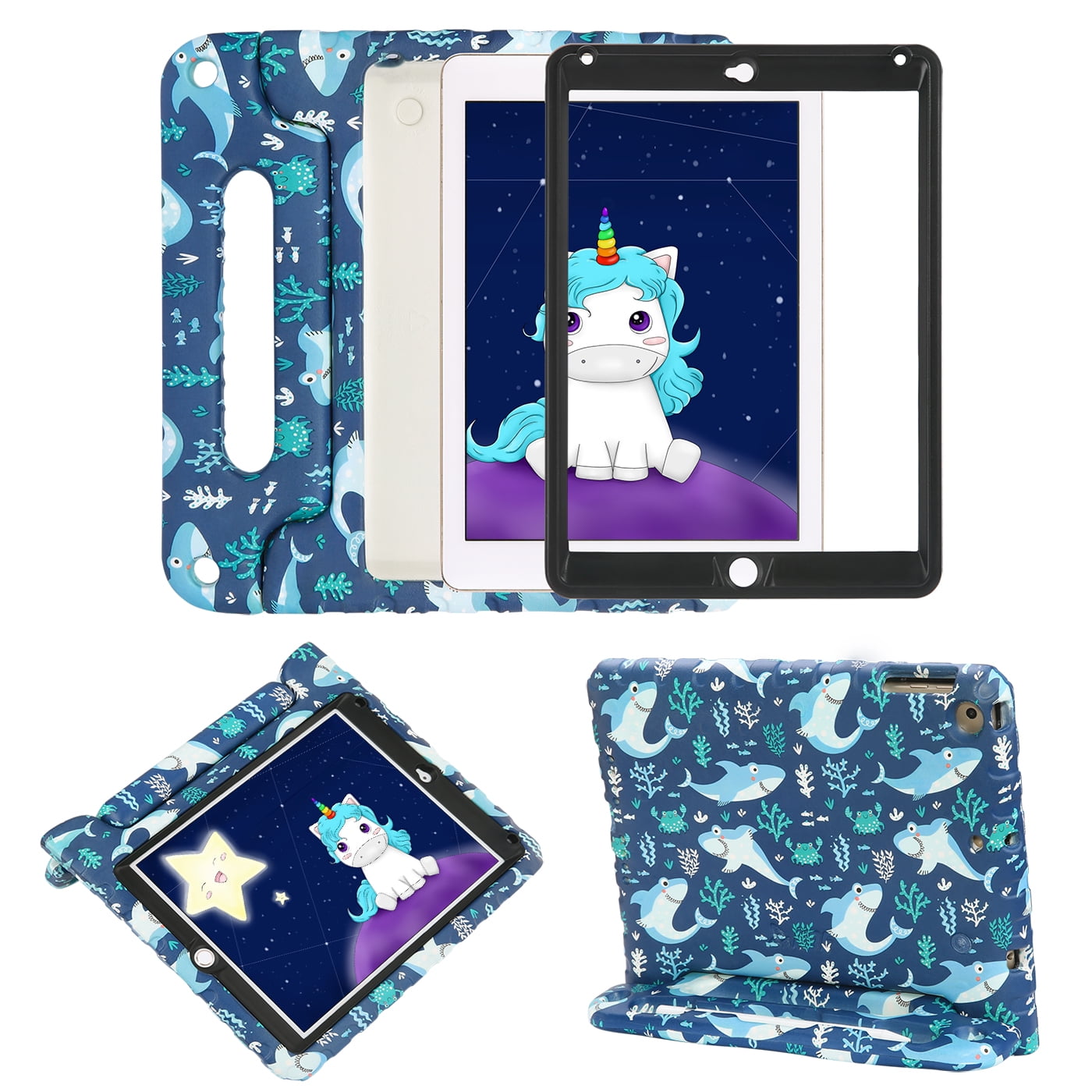 HDE Case for iPad 9.7-inch 2018 / 2017 Kids Shockproof Bumper Hard Cover Handle Stand with Built in Screen Protector for New Apple Education iPad 9.7 Inch (6th Gen) / 5th Generation iPad 9.7 Shark