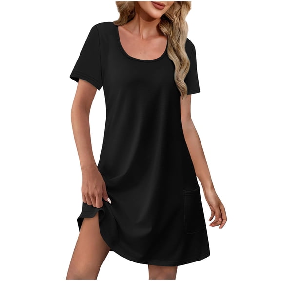 Efsteb Summer Dresses for Women Loose V Neck Short Sleeve Casual T Shirt Dress Sundresses Swimsuit Coverup with Pockets （Black，L）