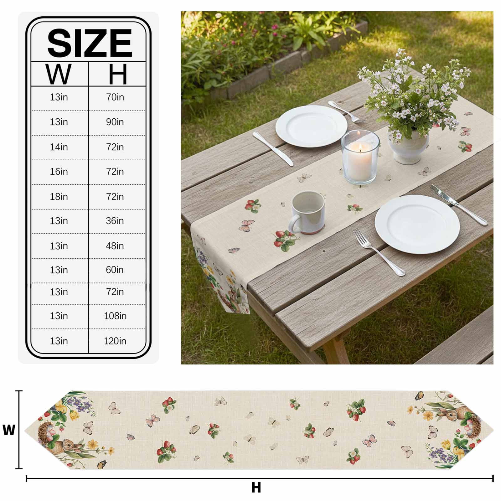 Spring Easter Table Runner Linen Burlap Table Runner 120 Inches Long Country Bunny Chick Floral Butterflies Burlap Dresser Scarves for Kitchen Island Coffee Dining Party Holiday Decor 13"x120"