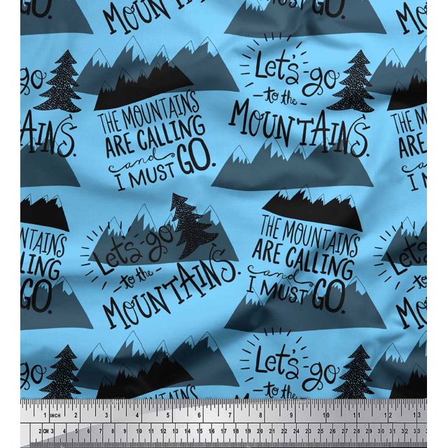 Soimoi Blue Cotton Cambric Fabric Mountains & Text Print Fabric by Yard 42 Inch Wide
