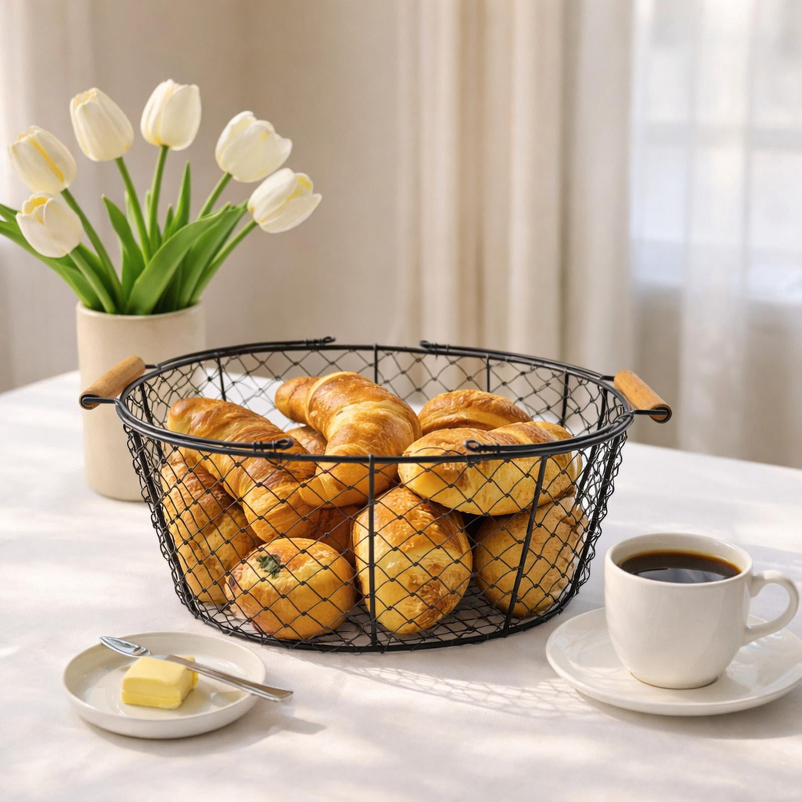 Fiocias Wire Storage Basket Large Capacity Bread Basket for Shopping Bathroom Picnic Black