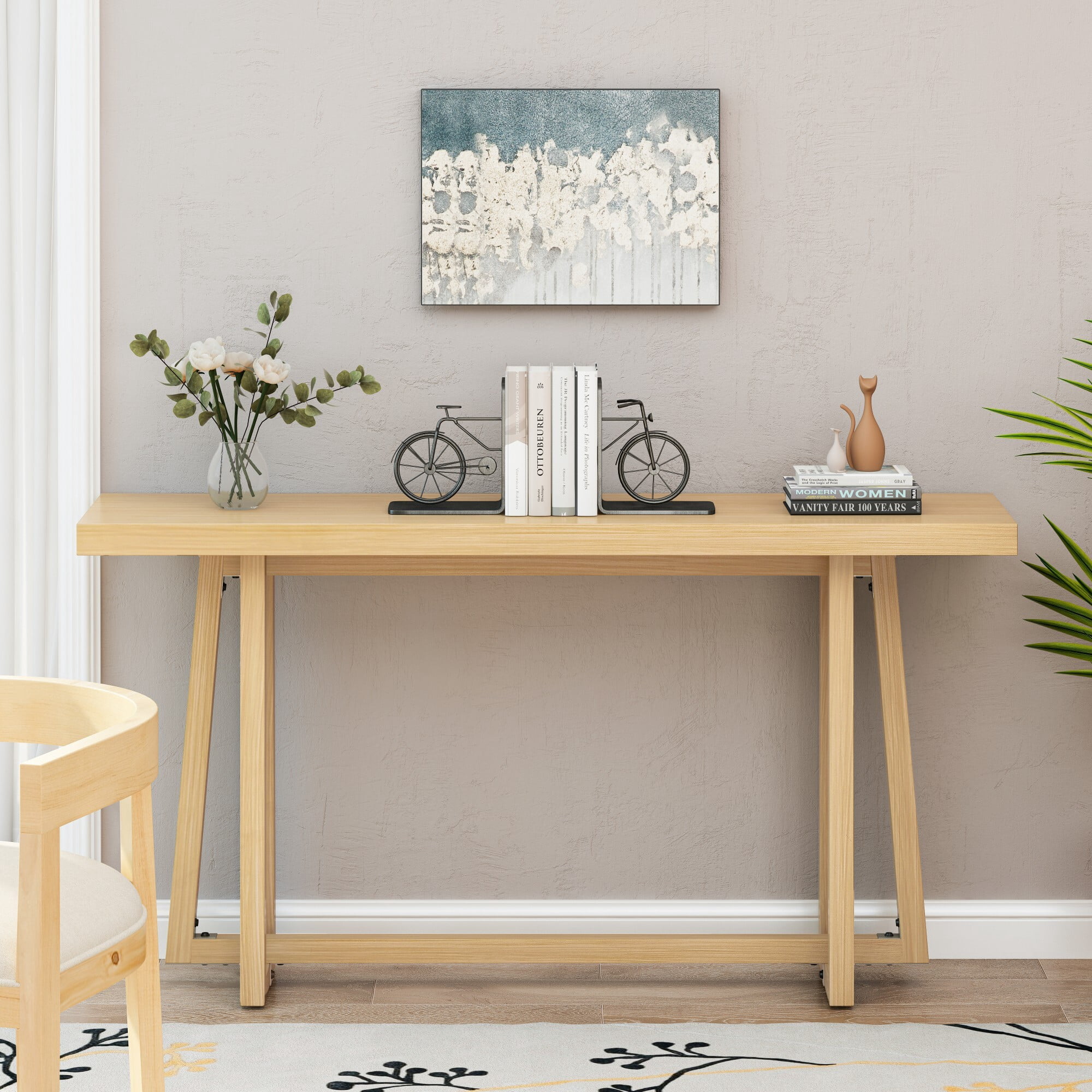 AENKYO 60" Console Table, Faux Wood Top Metal Entryway Table, Indoor/Outdoor Sofa Table for Hallway & Patio, Light Oak