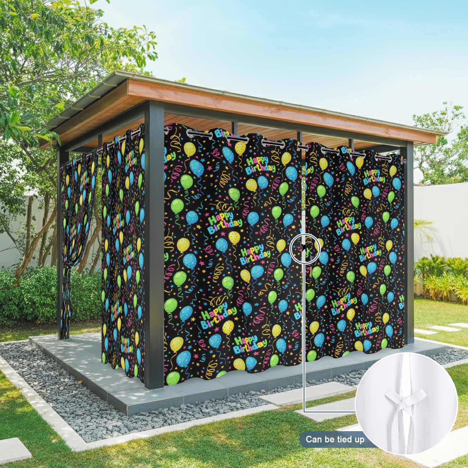 Balloon Stars Outdoor Curtains for Patio, Festival Happy Birthday Blue Green Yellow Balloon Black Sunshade Privacy Drapes Grommet Waterproof Outside Curtains for Porch Balcony 54"x108", 1 Panel