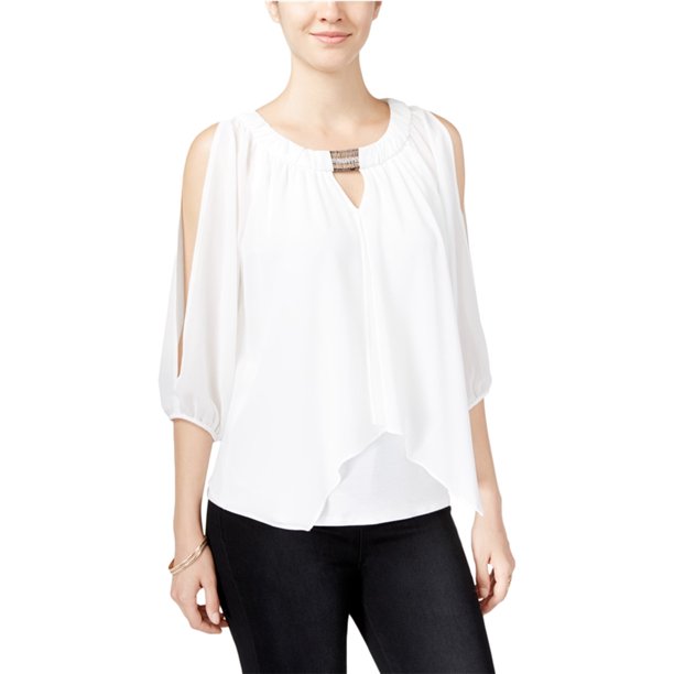 Blusa BCX con superposición adornada para mujer color blanco roto extragrande Pull-over