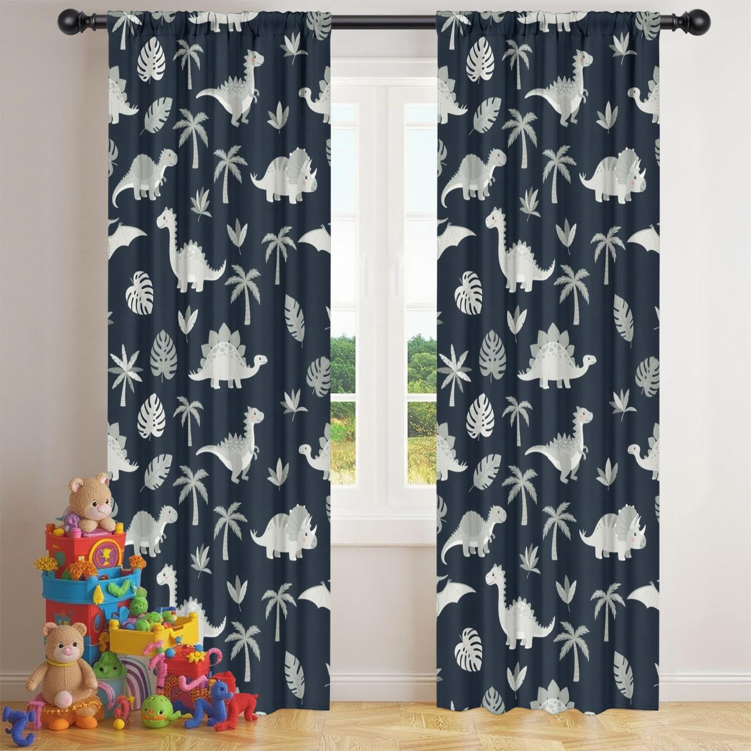 Blackout Kids Curtains,Gray Dinosaurs Exotic Leaves Childrens Insulated Curtains Set Of 2,Bedroom Essentials,Toddler Room Decor 42"x84"
