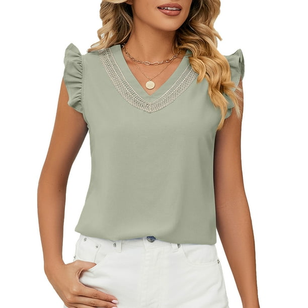 Blusa de gasa con cuello en V de encaje para mujer, camisa de verano de manga corta con volantes, Tops para el trabajo, citas, compras, fines de semana, hogar, verde guisante S