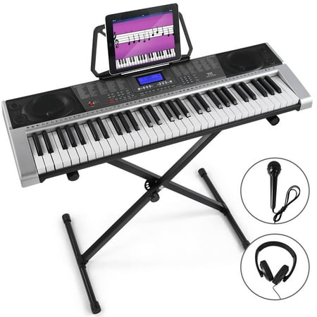 MUSTAR Full Size 61 Key Electric Piano Keyboard w/Stand,LCD Screen,Headphones,Microphone(Gray)