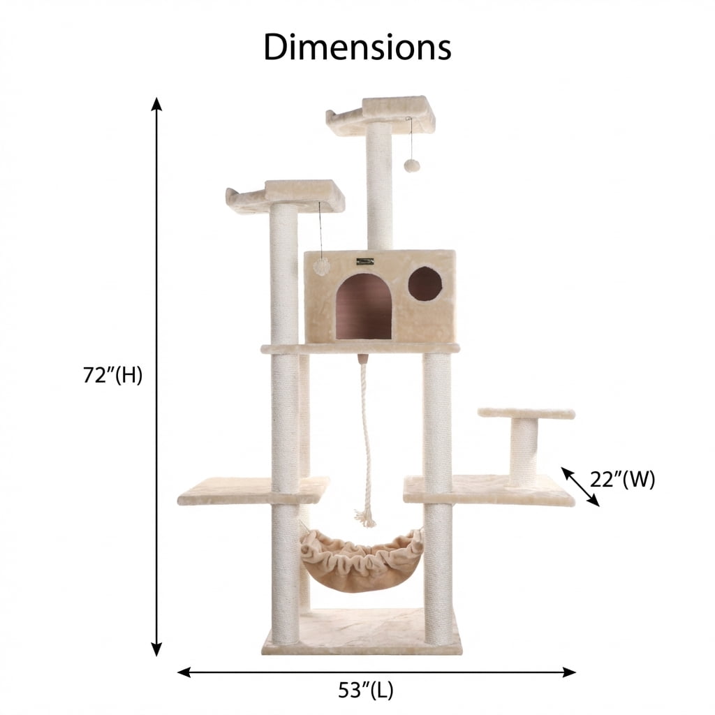 Cat Tree Tower with Plush Condo, Hammock, Sisal Scratching Posts, Multiple Perches, Beige, 72" Tall