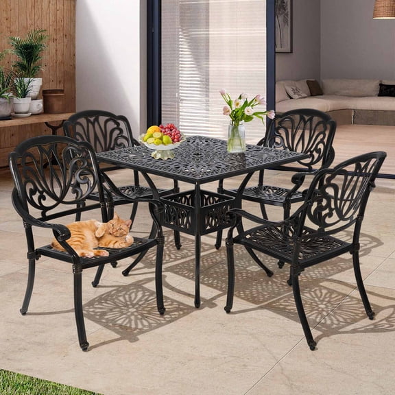 LVUYOYO 5-Piece Outdoor Furniture Dining Set, All-Weather Cast Aluminum Conversation Set Includes 4 Chairs and 1 Square Table with Umbrella Hole for Patio Garden Deck, Blooming Flower Design