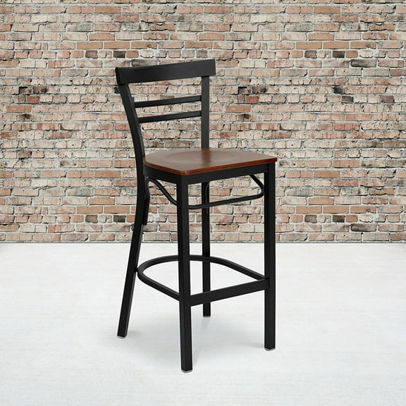 Flash Furniture HERCULES Series Black Two-Slat Ladder Back Metal Restaurant Barstool - Cherry Wood SeatNative AmericanNative