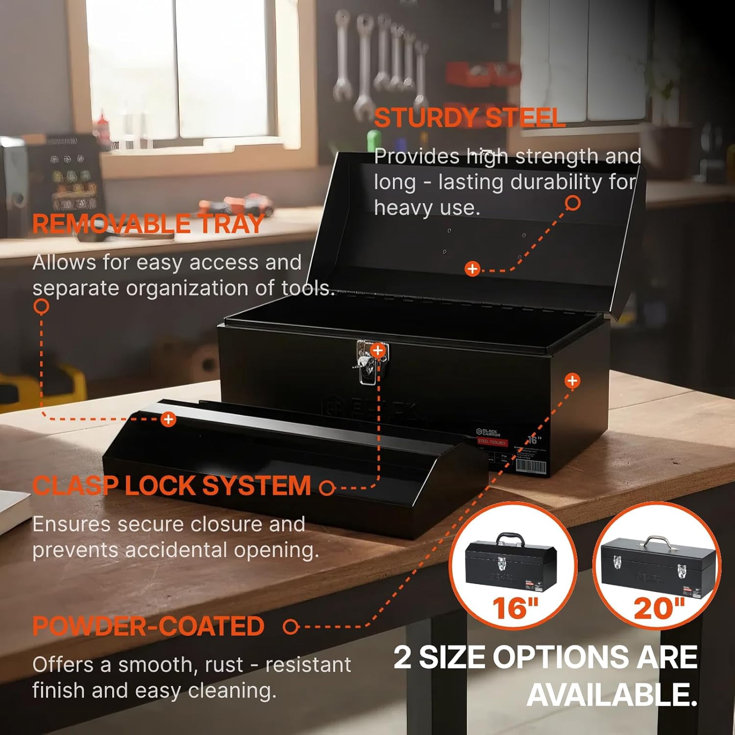 16 Inch Metal Tool Box, Portable Carbon Steel Toolbox with Padlockable Design for Mechanics and