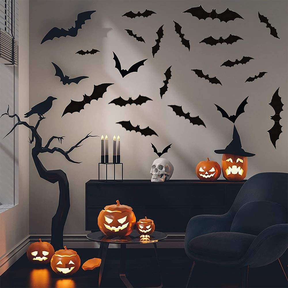 12 to 120 pcs 3D Bats Stickers Halloween Decoration Scary Window Door Wall Decal 