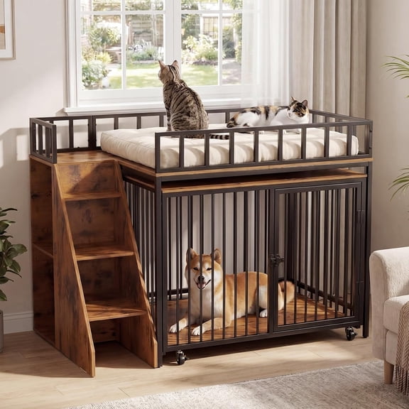 37" Dog Crate Furniture, Wooden Dog Kennel Indoor w/Storage (Rustic Brown) for Small & Medium Dogs w/Shelf, Wheels & Stairs