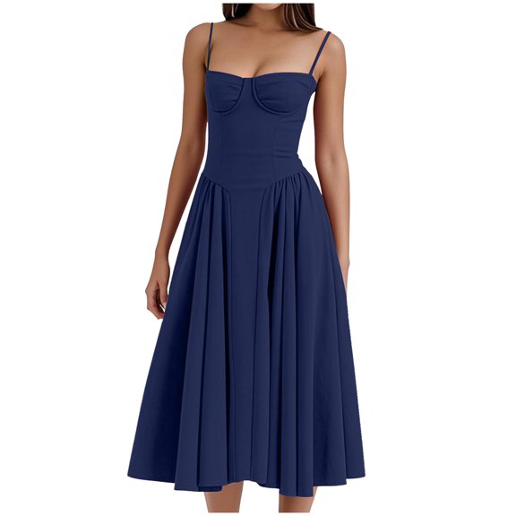Einccm Women's Elegant French Suspender Dress Slim V Neck a Line Midi Dress with Waist Belt and Practical Pockets for Summer Spring Casual Daily Wear Beach Vacation Party