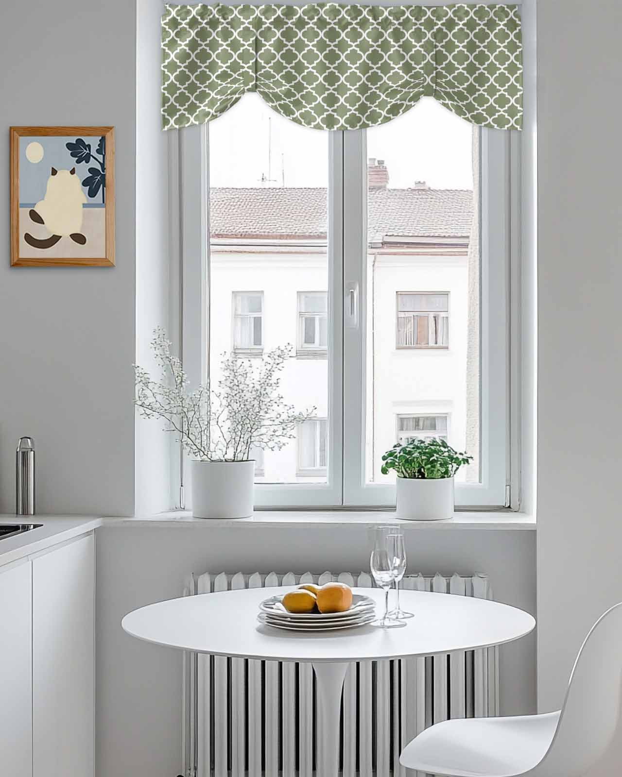 Moroccan Tie Up Valances Curtain, Adjustable Kitchen Moss Green Geometric Valances for Windows Decor, Rod Pocket Short Curtains Set for Bedroom/Bathroom, 60"x18"