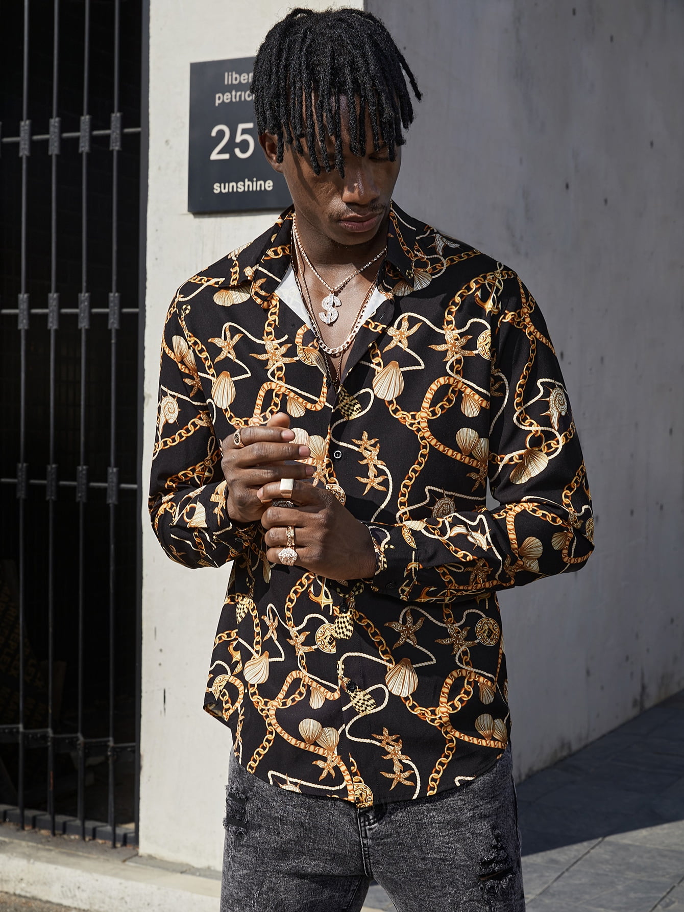 Men Single Breasted Chain Print Shirt S 