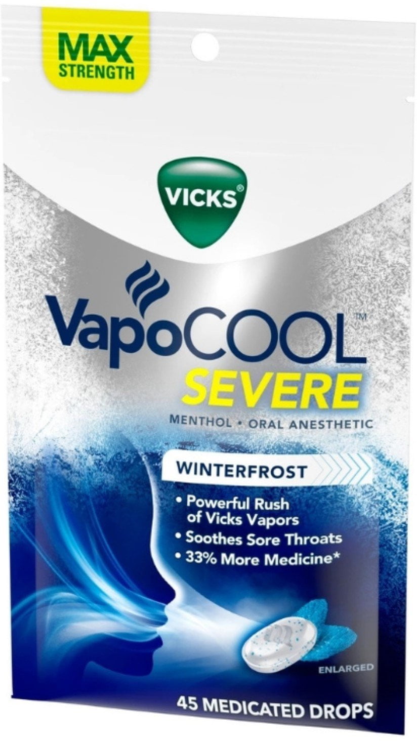 Vicks VapoCool Severe Medicated Throat Drops, Menthol, 45ct, 4Pack