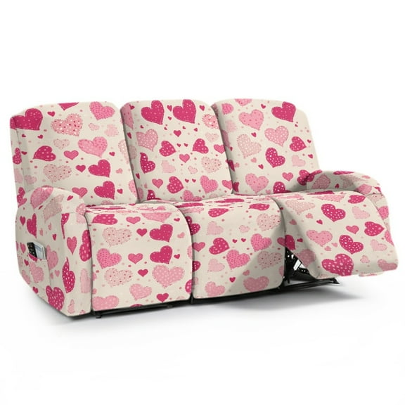 COEQINE Stretch Recliner Cover Universal 8 Pieces Recliner Sofa Cover Stay in Place 3 Seater Furniture Protector Home Decor for Pets, Dogs for Valentines Day Decor, Kids, Pink Heart Beige