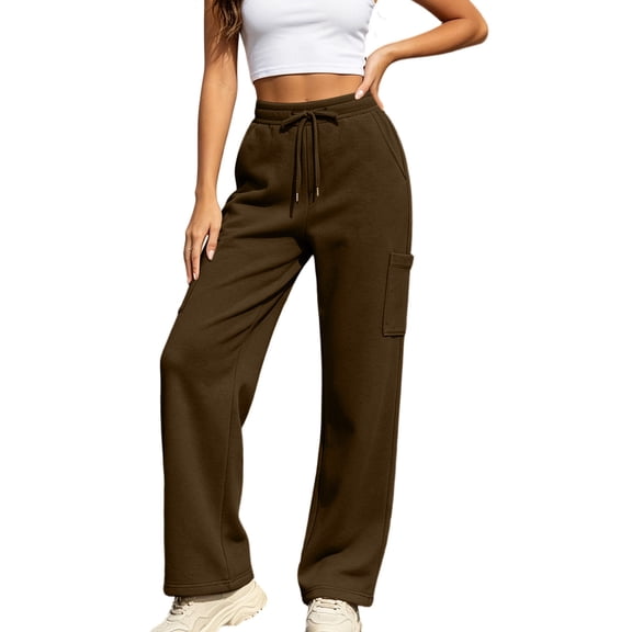 Oksale Womens Petite Straight Leg Sweatpants with Multi Pockets Soft Cozy Cargo Sweatpants Casual Elastic Waisted Drawstring Jogger Trousers for Daily Wear Brown M