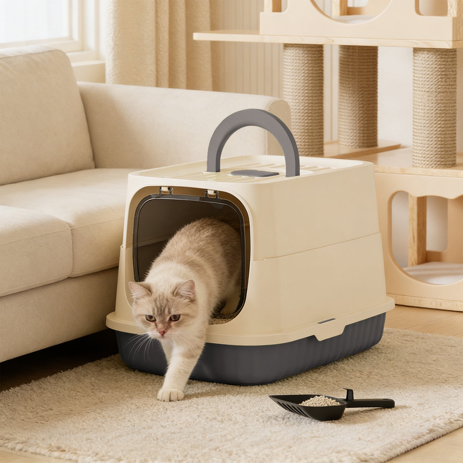 Yhmxh Cat Litter Box with Front Door Flap, Fully Enclosed Litter Box with Handle, Kitty Litter Boxes with Litter Shovel, Splashly-proof Covered Kitty Litter Box, Non-Sticky, Easy Cleaning