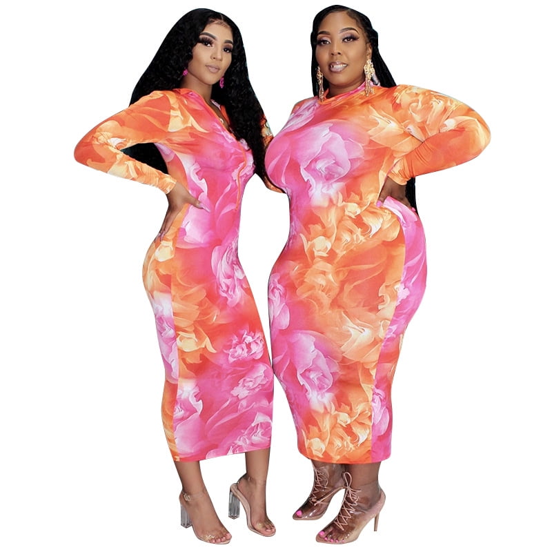 Oiens Plus Size Dress For Women One Piece Dress Outfits Long Sleeve Tie Dye Print High Neck Beach Sundress Pink Xl Walmart Com