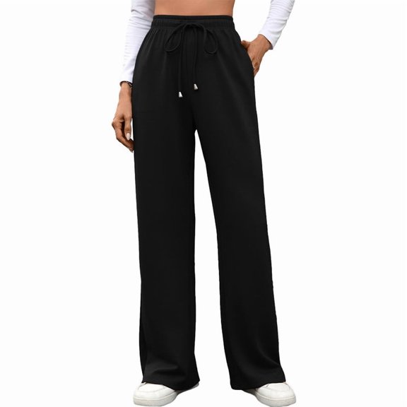 Women Wide Leg Sweatpants, Drawstring Elastic Waist Casual Lounge Workout Pants with Pockets(Black,M)