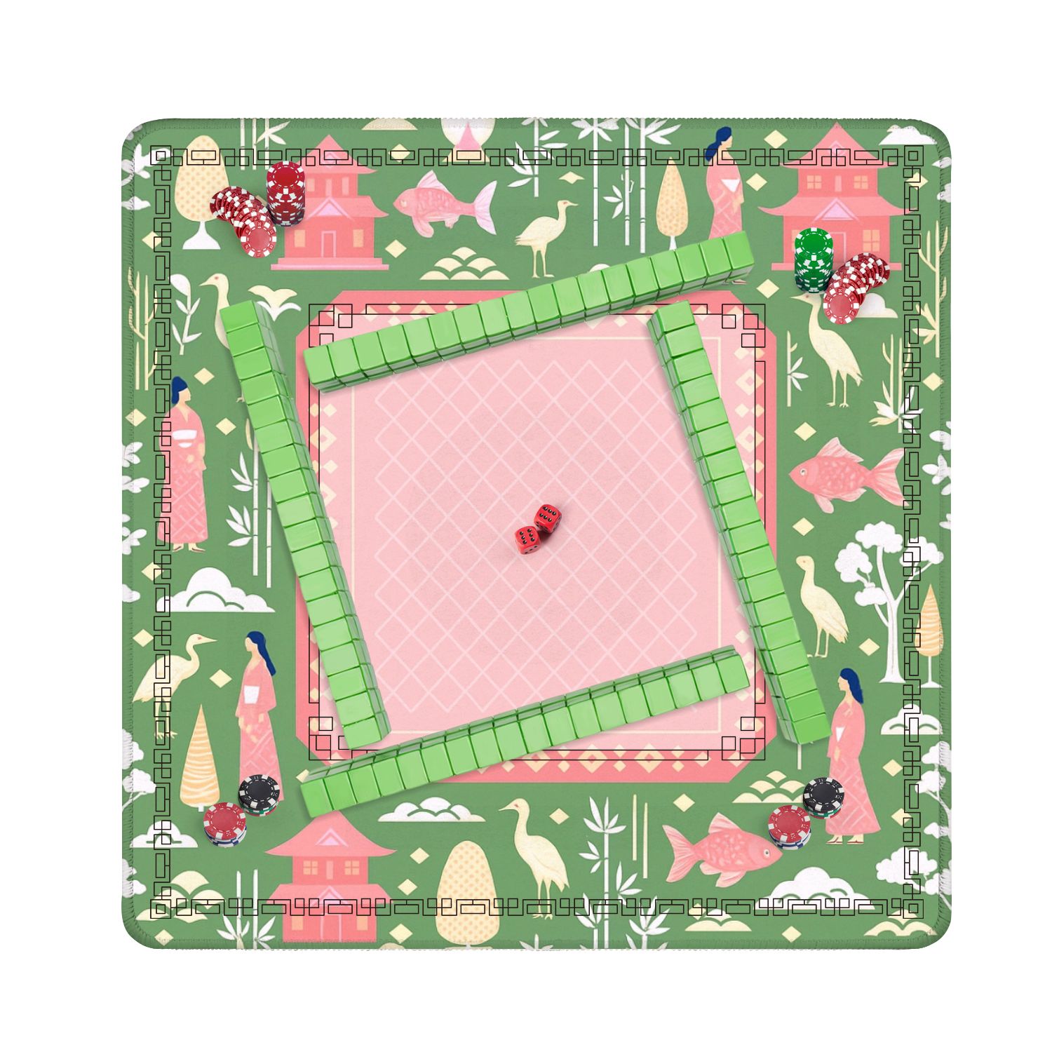 Mahjong Mat 31.5" x 31.5" Vintage Oriental Fish Birds Traditional Elements Anti-Slip and Noise Reduction Symmetry Design Mahjong Tiles Table Cover for Dominoes Poker Card Board and Tile Games