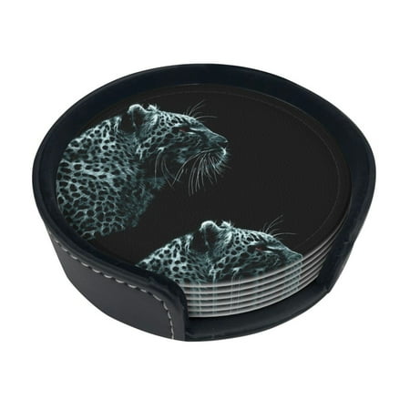 

Round Pu Leather Coaster White Tiger Heat - Resistant Beverage Cup Mat-Fancy Decor For Kitchen Office Dining Room Table - Drink Protector 6-Slice
