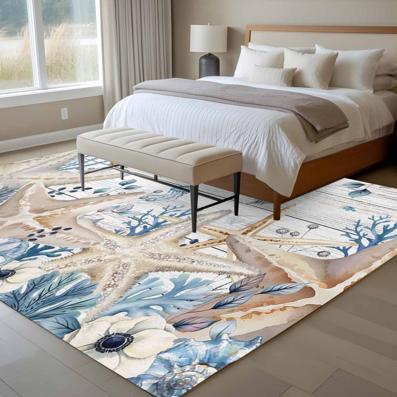 6'x9' Area Rugs, Blue Beige Coastal Indoor Outdoor Area Rug for Living Room Bedroom, Beach Starfish Summer Eucalyptus Retro Washable Bathroom Rugs Kitchen Floor Carpet Mats Home Decor Aesthetic