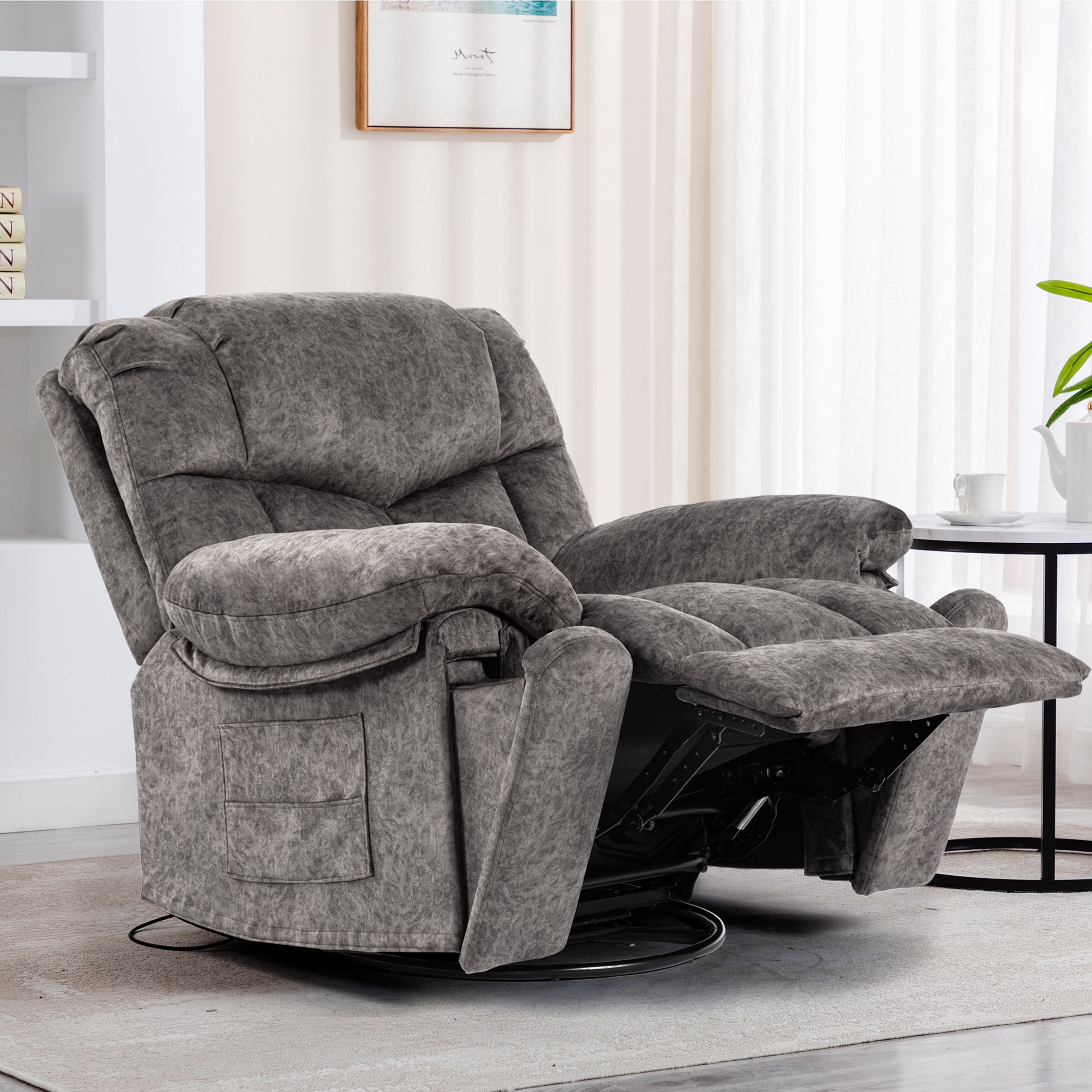 24" Width Swivel Recliner Chair, HSUNNS Rocker Reclining Chair with Massage and Heat Function, USB Port, Cup Holders and Pockets, Living Room Single Sofa Nursery Lounge Chair, Light Gray