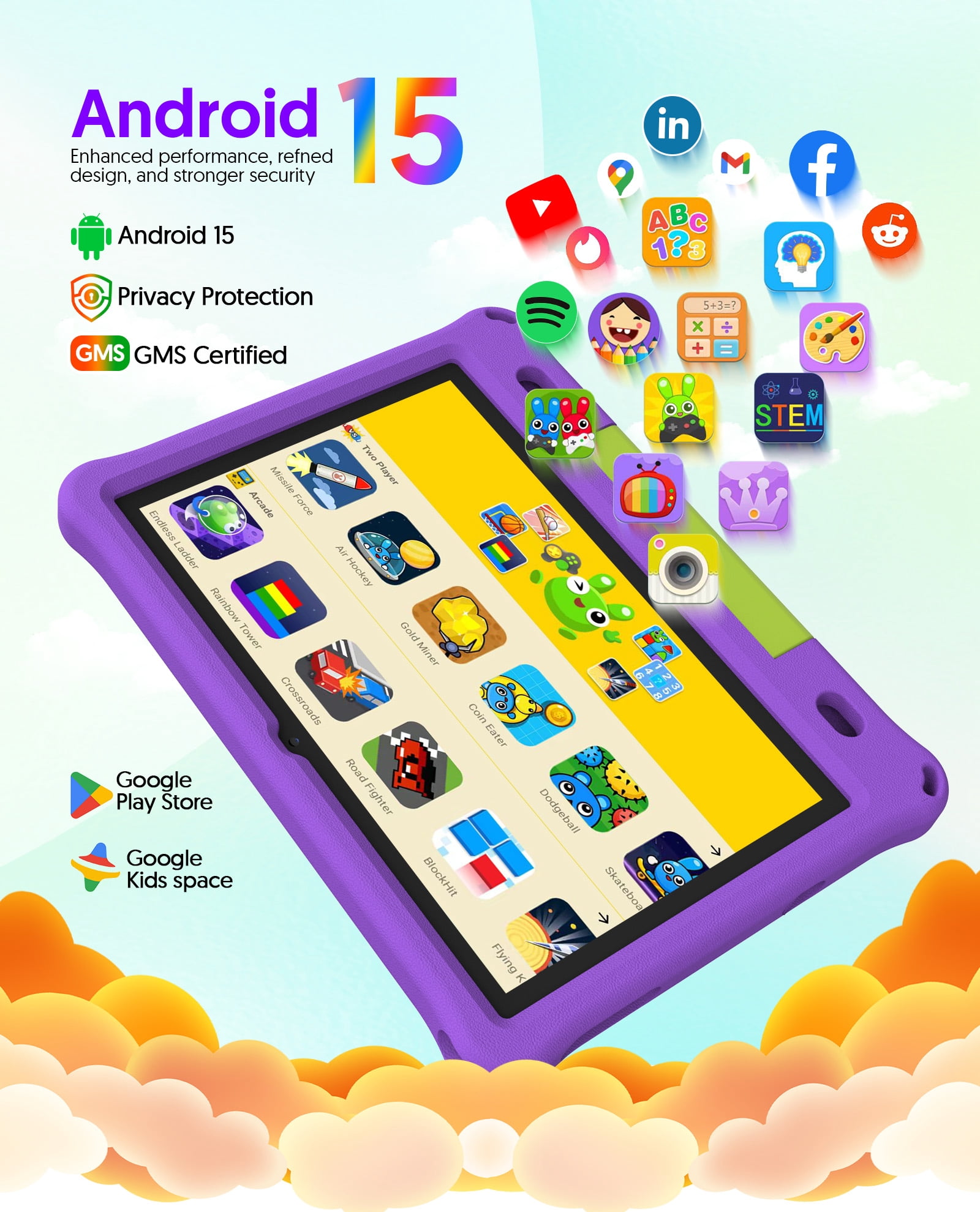 FITIFUN 10.1 inch Kids Tablet Android 15, 3GB RAM 64GB ROM 1TB Expand, Quad-Core, 5G/2.4G WiFi, 6000mAh, HD Display, Parental Control, Purple