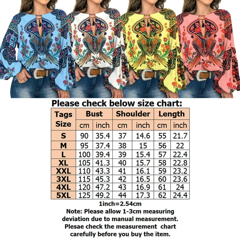Womens V Neck Boho Mexican Tops Ethnic Style Floral Print Long Sleeve Shirts Loose Tunic Blouse Walmart.com