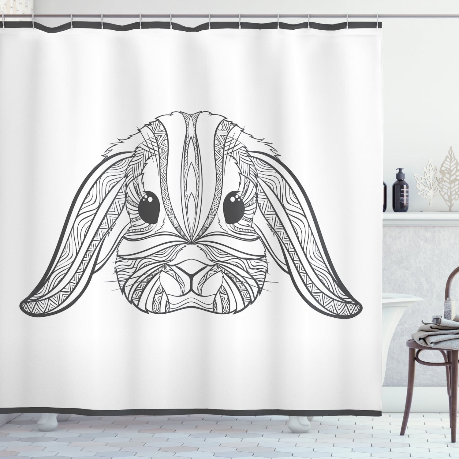 Bunny Shower Curtain Boho Style Ethnic, Bunny Shower Curtain Hooks