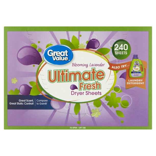 Great Value Ultimate Fresh Fabric Softener Dryer Sheets, Blooming Lavender, 240 Count (Packaging