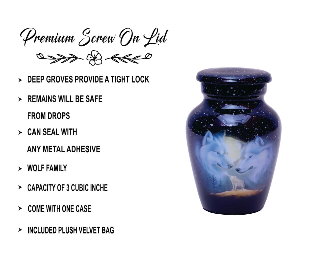 World Bazaar Small Cremation Keepsaske Urns for Ashes- Adult Classic 3 Wolves Family Pictured Cremation Urn for Human Ashes, Male or Female Keepsake urns with Velvet Protection Box (1 Small Keepsake)