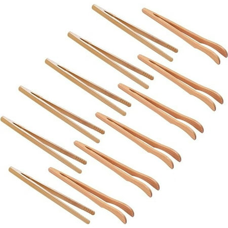 

QXUJI 12PCS Bamboo Toaster Tongs 7 inch Wood Kitchen Tongs Reusable Wood Cooking Tongs for Toast Cooking Bread Fruit Tea and Pickles (6PCS Curved + 6PCS Straight)