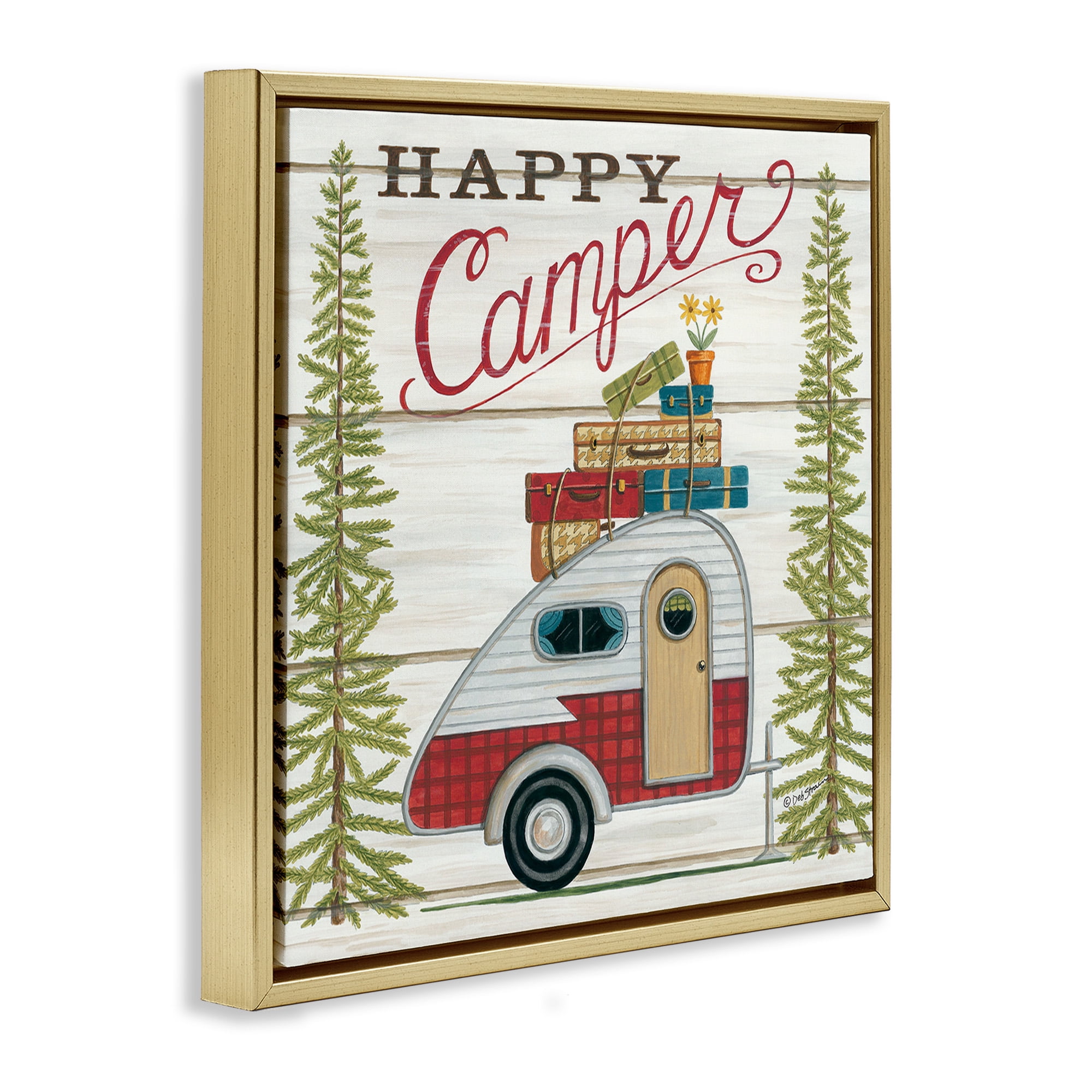 Stupell Industries Rustic Happy Camper Phrase Typography Painting Gold Floater Framed Canvas Art Print Wall Art, 18 x 18