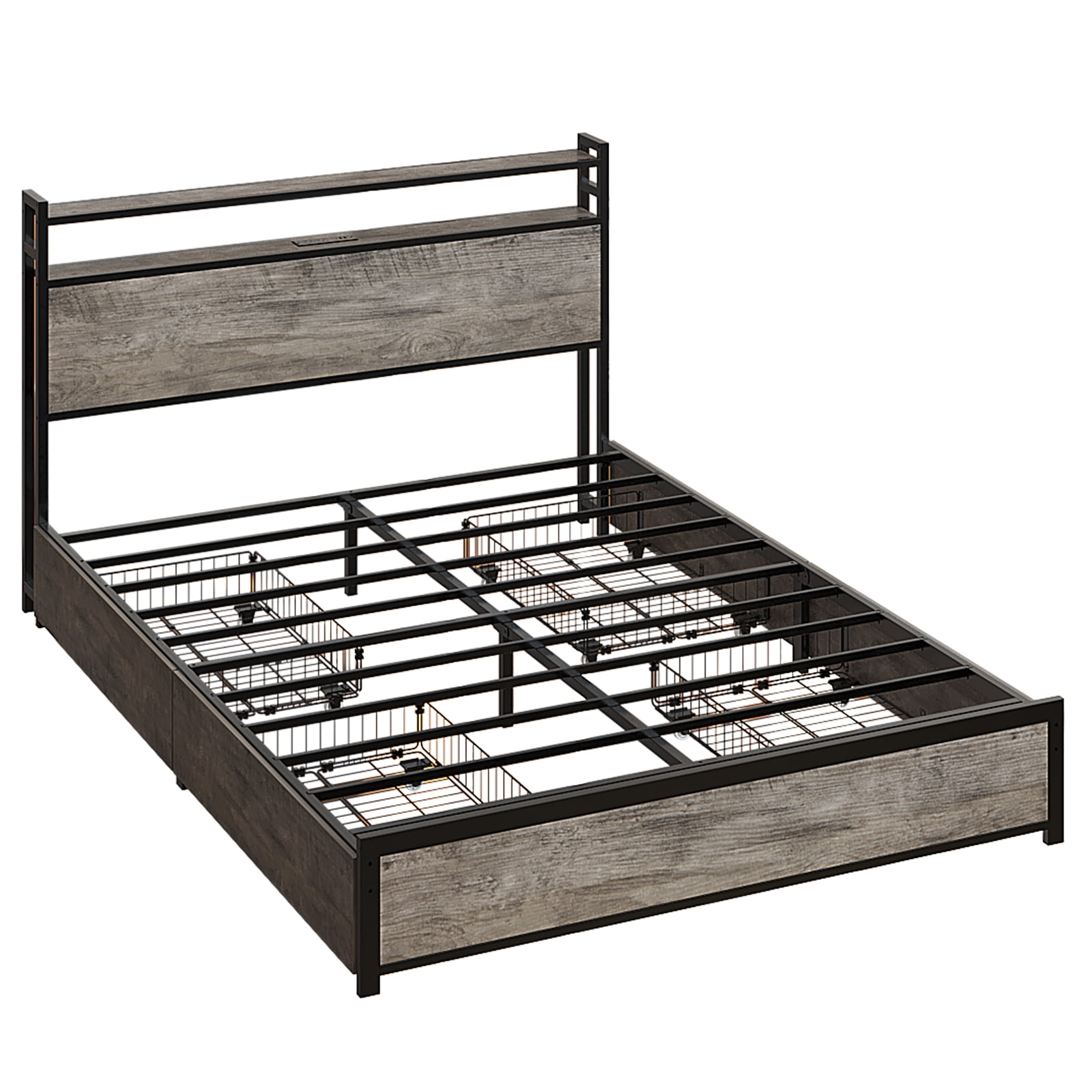 Ktaxon King Size Bed Frame with Charging Station & LED Storage Headboard, Metal Platform Bed Frame with 4 Underbed Drawers for bedroom, Gray