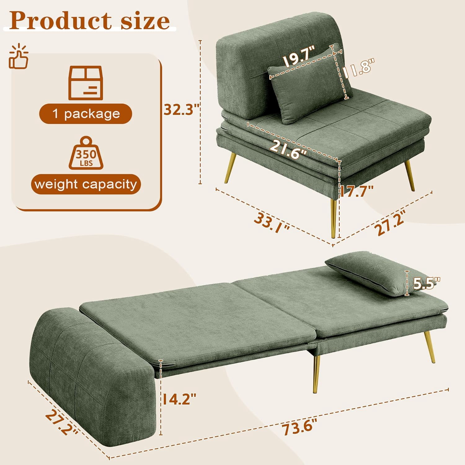 Akaber 3-in-1 Futon Sofa Bed, Chenille Sleeper Chair with Back Support & Pillow, Wood Frame, Metal Legs