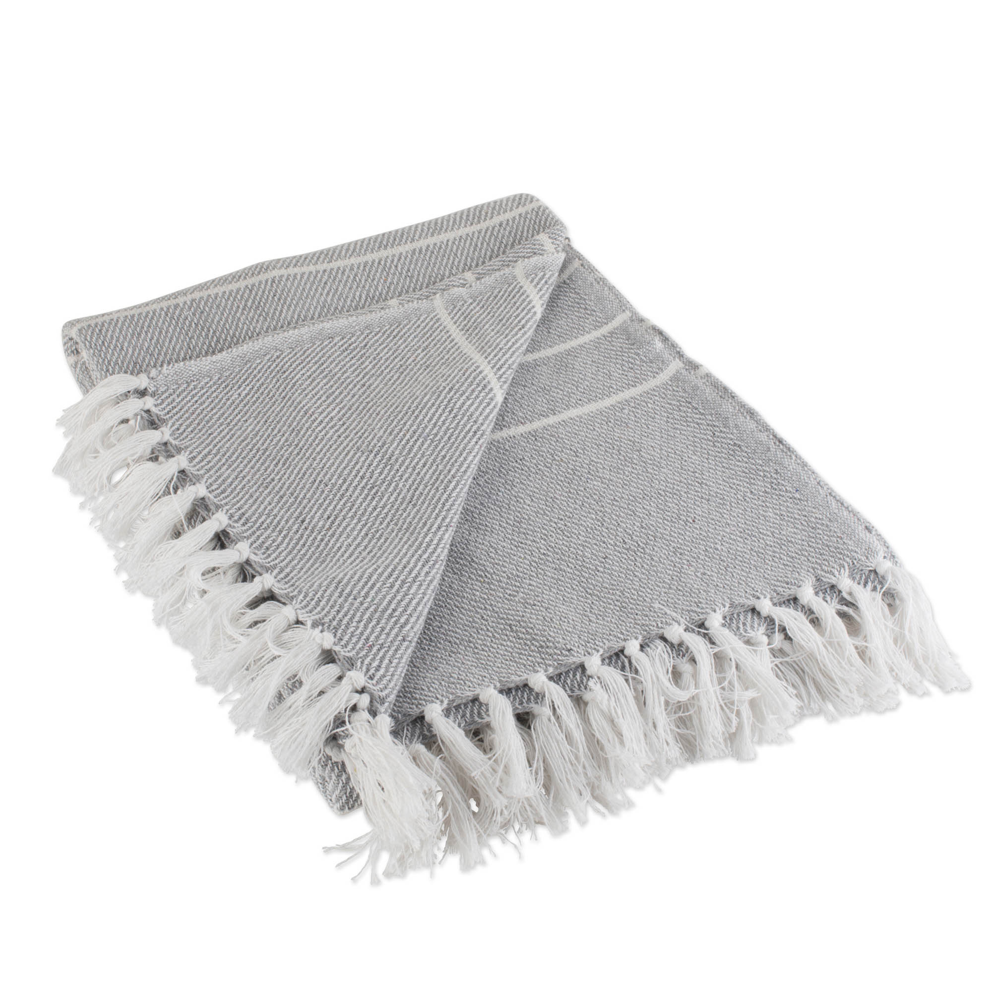 Gray and White Striped Knitted Fringed Throw Blanket 50" x 60