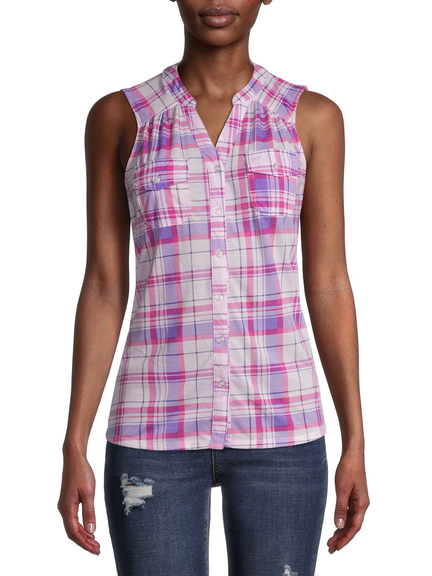womens sleeveless button up