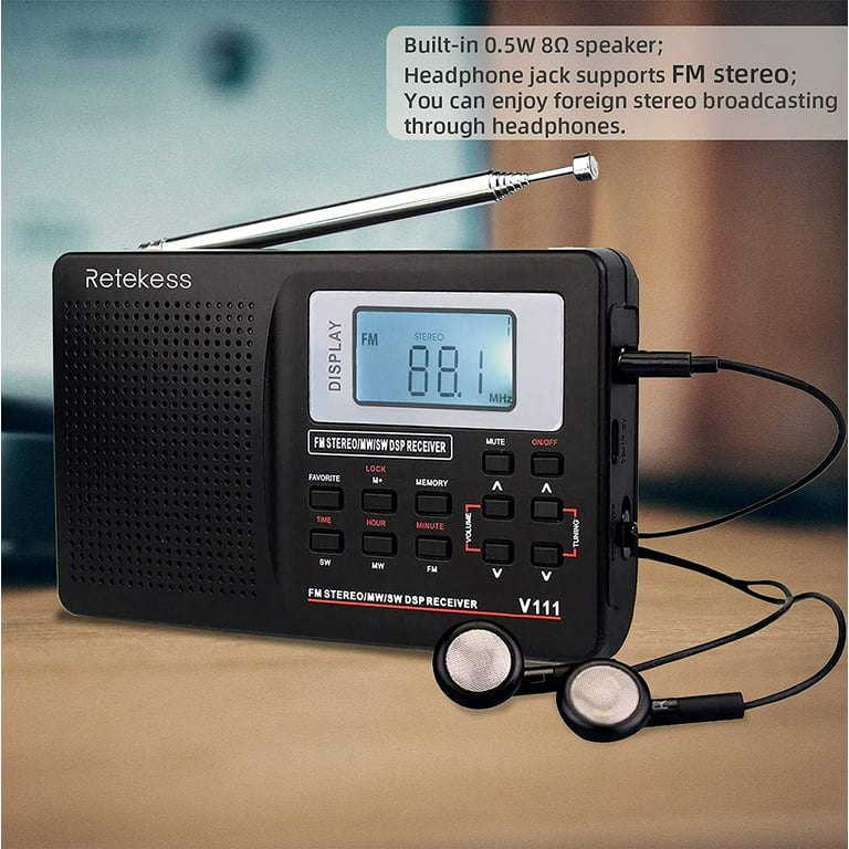 Retekess V111 Shortwave Radio, Portable Digital Radio Stereo Voice, Battery  Operated with Favorite Key and Earphone Digital Alarm Clock for Hiking